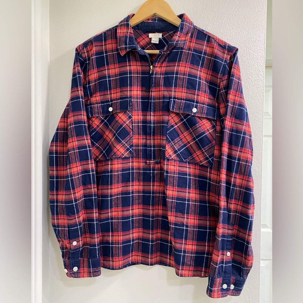 J.Crew Size Large Popover Shirt Jacket Womens Plaid Cotton 1/4 Zip Granola Girl